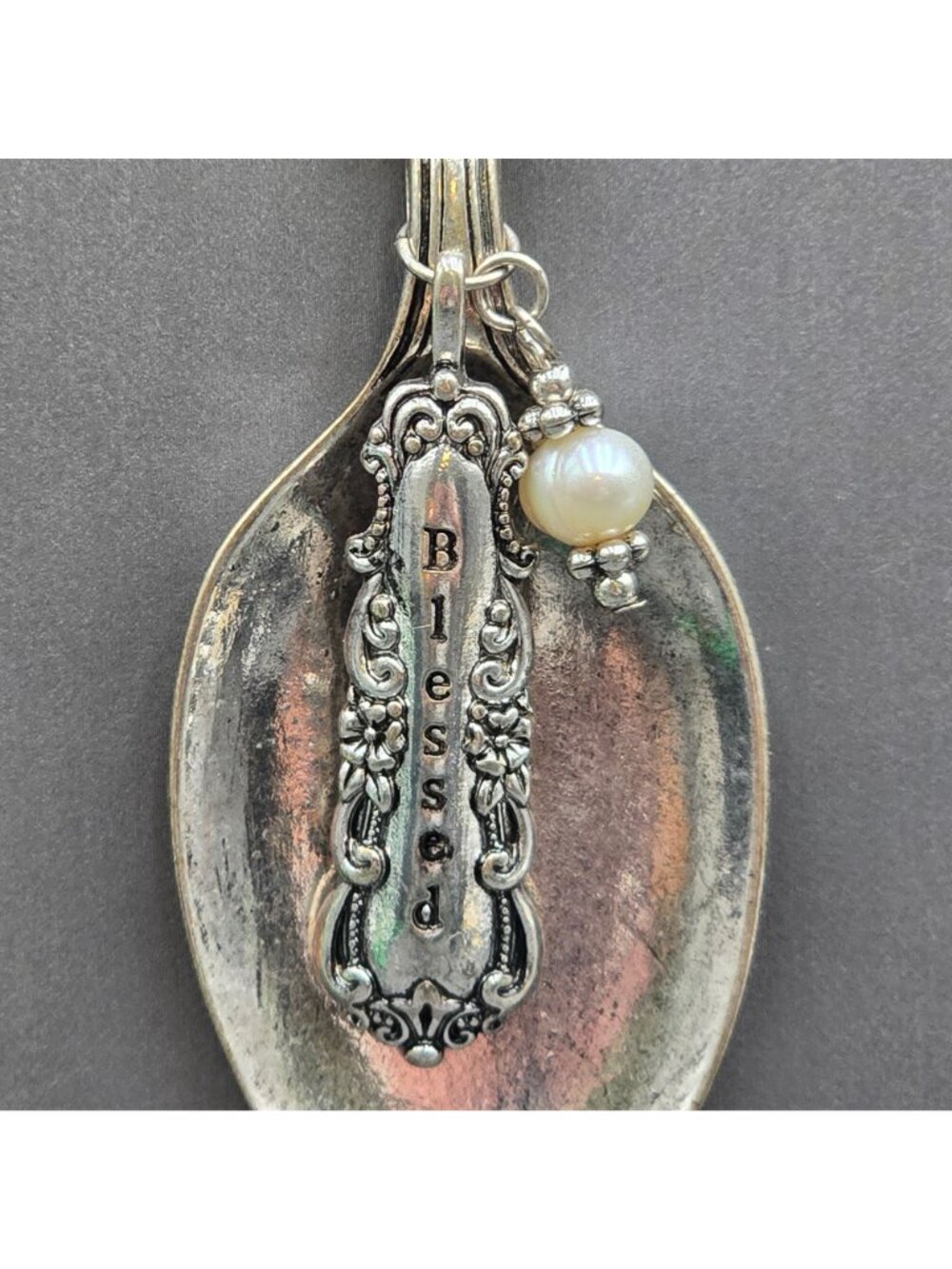 Vintage Blessed Spoon Pendant Necklace Silver Pearl Long Boho Statement Piece - Picture 4 of 16